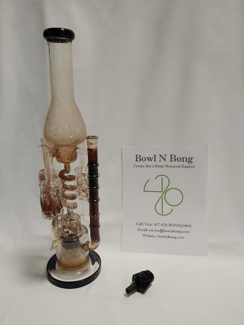 Heavily resin-covered triple chamber percolator bong before professional cleaning